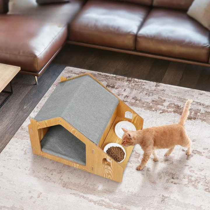 Wooden Cat House with Elevated Double Feeder