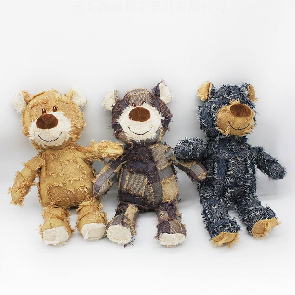 Rustic Denim Plush Bear – Durable Chewable Squeaky Dog Toy